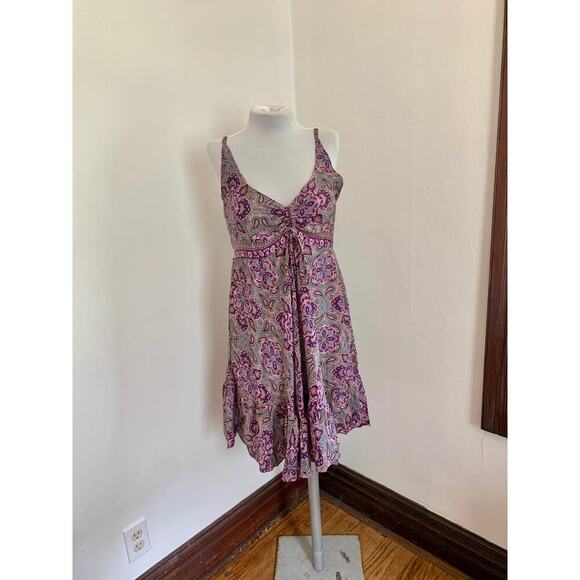 Vintage Dresses & Skirts - Indian VTG Silk Blend Paisley Floral Boho Sun Dress Flowing Fairy Bow Ruffle